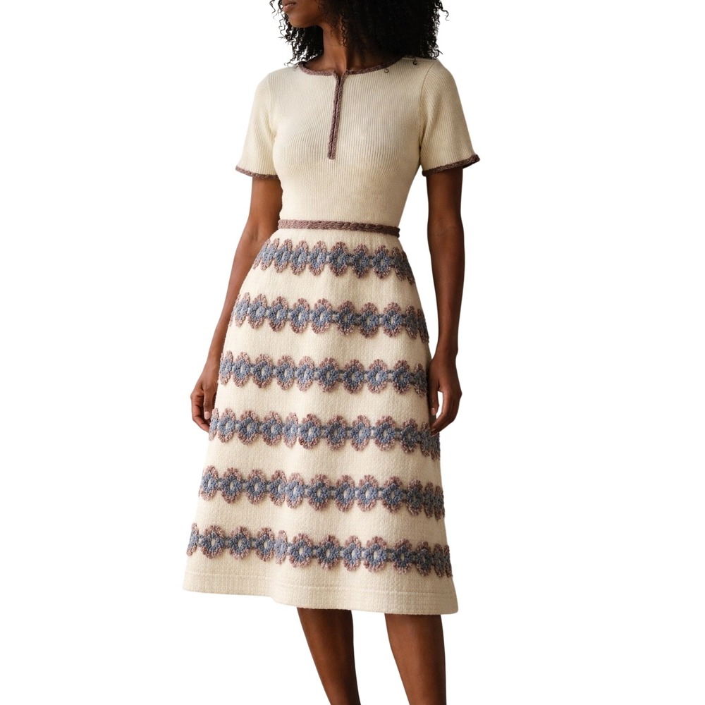 Lisa Originals VTG Herman Marcus Cream Knit Dress Purple Crochet Trimmed Belt